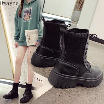 

2019 autumn new Martin boots women fashion simple solid color stitching knit elastic cloth comfortable casual boots