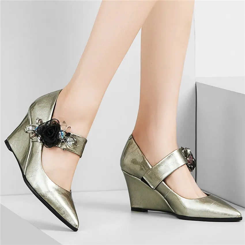 Womens Genuine Leather Wedges High Heel Evening Party Pumps Slip On Pointed Toe Oxfords Low Top Wedding Mary Janes Casual Shoes