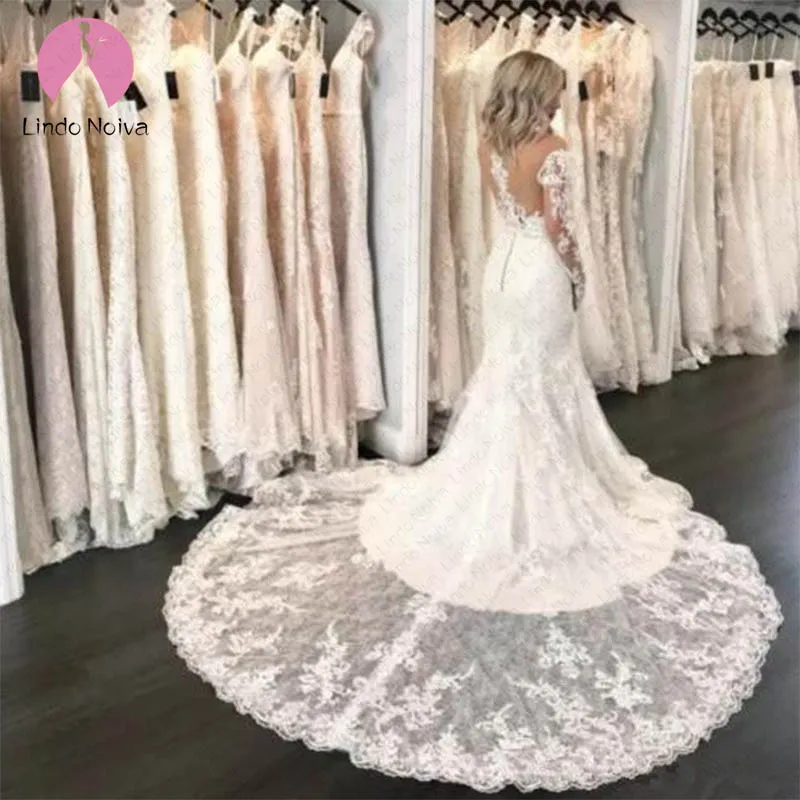 Дешевые Vestido De Noiva индивидуальный заказ с длинными рукавами с открытыми плечами кружева русалка свадебное платье Иллюзия Длинные свадебные платья