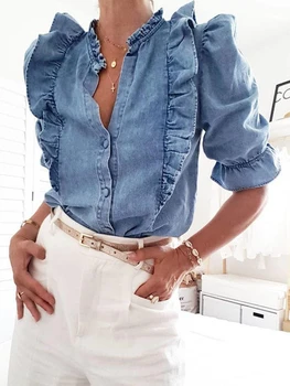

Women Blue Denim Blouse Shirt Solid Color Puffed Half Sleeve Blouses Female Elegant Ruff Women Blue Denim Blouse Shirt