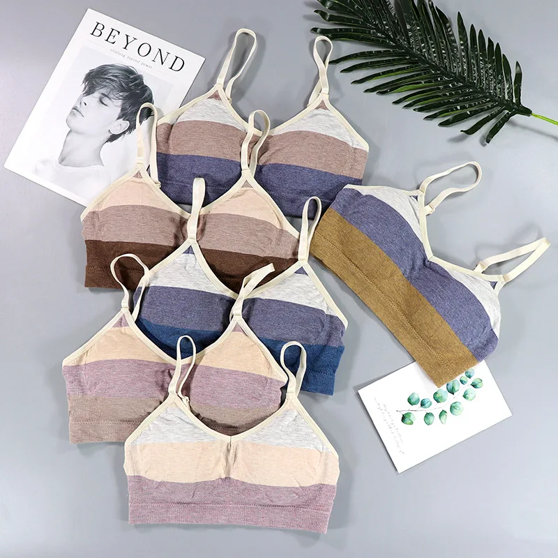 5G Soft Cotton Women Bra Shea Nut Push Up Seamless Bralette Stripe Patchwork Wireless Lingerie Biustonosz Soutien Gorge | Женская одежда