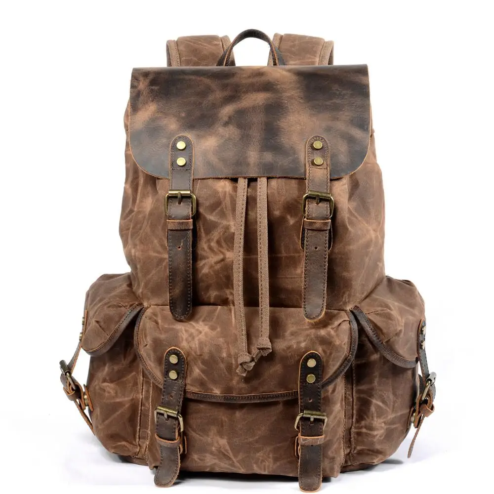 

Men's Vintage Backpack Crazy Horse Leather + Canvas Travel Backpack Large Capacity Oil Wax Canvas Bag Student Rucksack