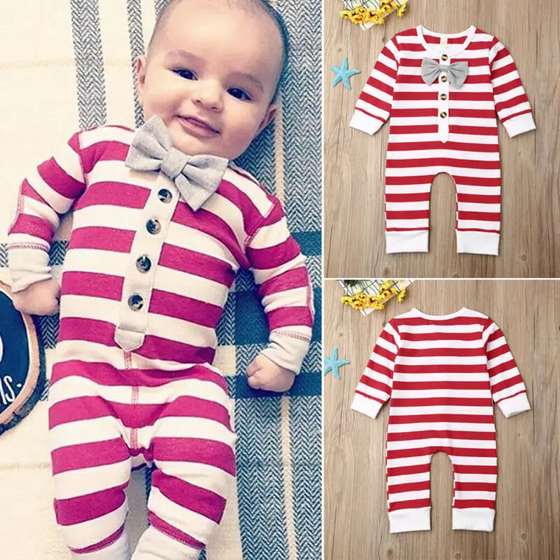  Christmas Newborn Baby Boy Stripe Rompers Cute Bow Striped Little Baby Jumpsuit Pajamas Sleepwear L