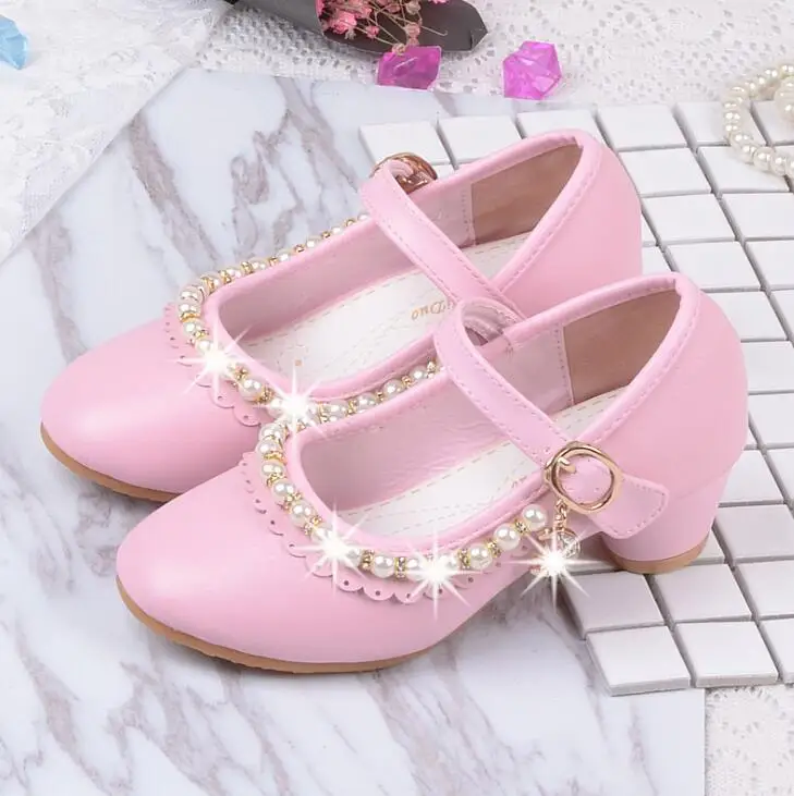 

Children's Beads Shoes Enfants Baby Girls Wedding Princess Kids High Heels Dress Party Leather Shoes For Girl Pink White School