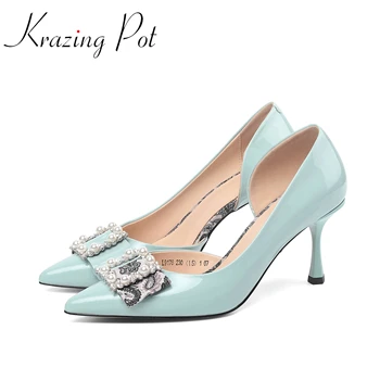 

Krazing pot 2020 hot solid natural leather pointed toe high thin metal heels office lady pearl shallow slip on summer pumps L78