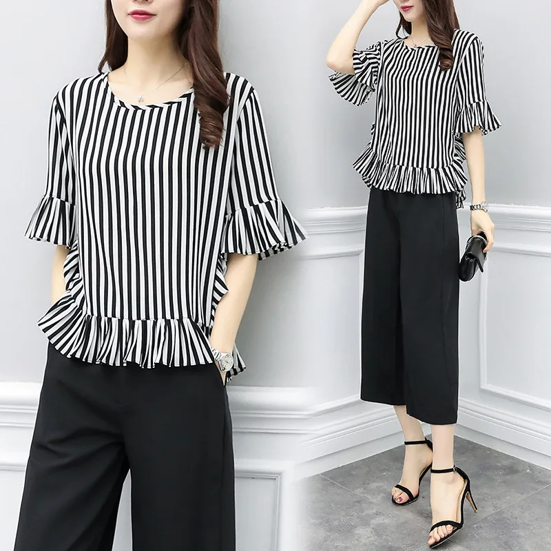 

2019 Spring And Summer New Style Large Size Dress Large GIRL'S Stripes Slimming Chiffon Tops + Loose Pants Two-Piece Set