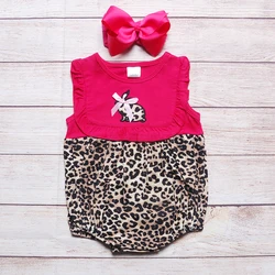 Vêtements d'été pour filles, barboteuse sans manches rouge, nœud rose, léopard, lapin brodé, pour bébés 