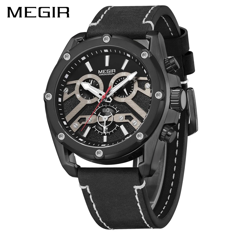 MEGIR Мужские кварцевые часы Relogio Masculino, военные спортивные наручные часы с кожаным ремешком, мужские часы с хронографом и календарем - Цвет: Черный