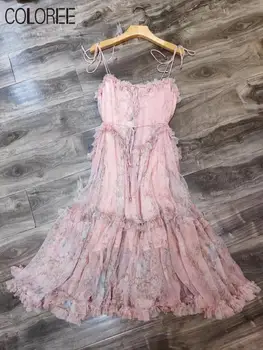 

Vacation Bohemian Beach Dress Women Summer Elegant Ruffles Pink Floral Printed Spaghetti Strap Silk Long Dresses 2020