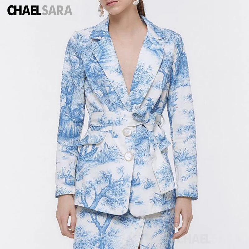

2020 Spring Autumn Vintage Printed Blazers Jacket Elegant With Belt Office Lady Suit Coat