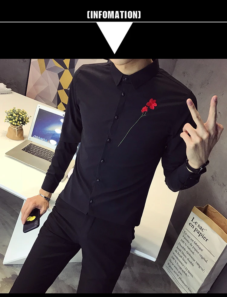 Рубашка с вышитыми цветами, мужская, с длинным рукавом, брендовая, Camisa Masculina, приталенная, уличная, для выпускного, смокинг, для ночного клуба, вечерние рубашки