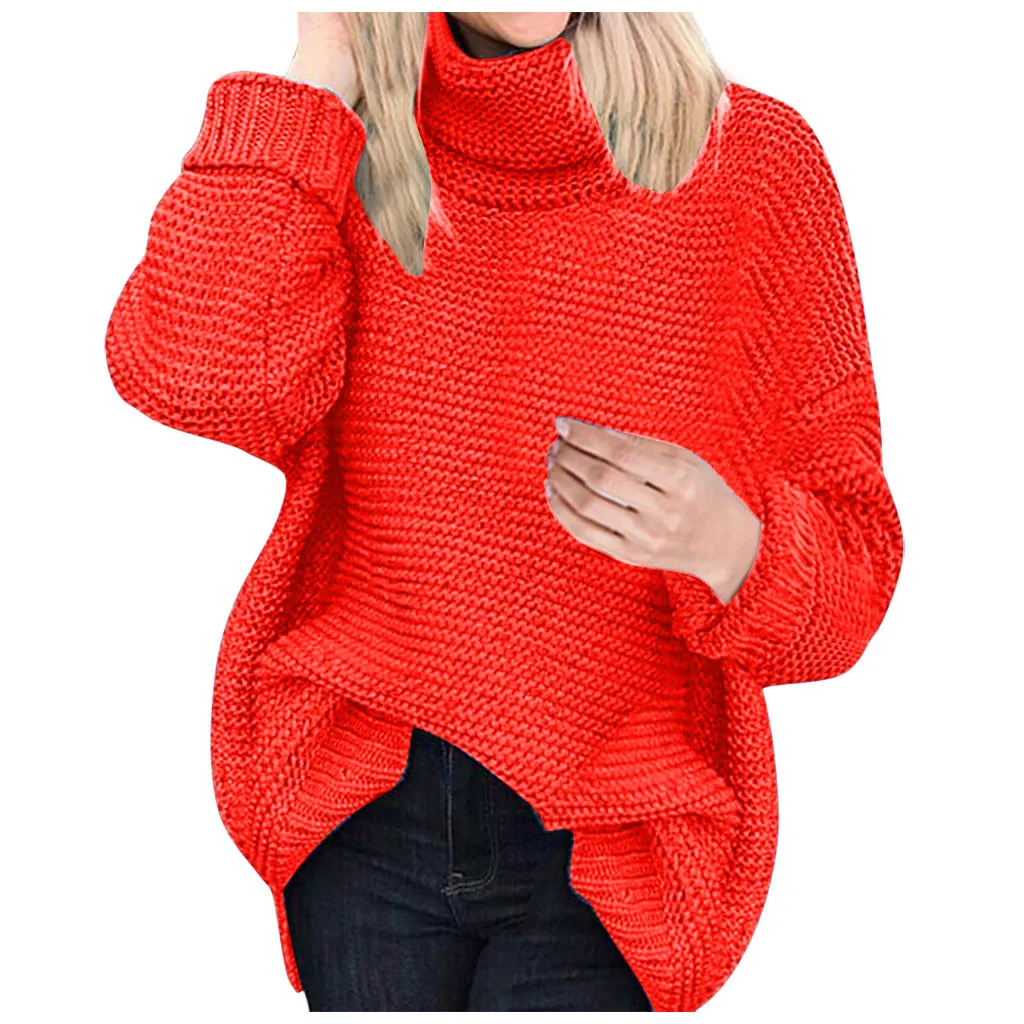 JAYCOSIN Women Oversize Basic Knitted Sweater Female Solid Turtleneck Collar Pullovers Warm Fashion OL Commuting Pure Color - Цвет: RD