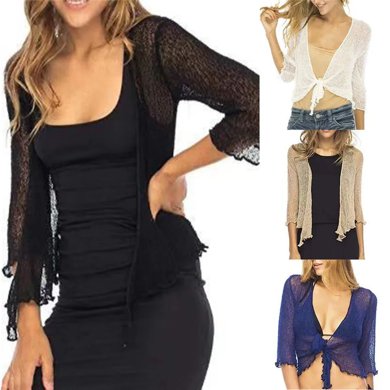 New Summer Solid Lace Chiffon Shirts Capes Women Short Sleeve Shrug Open Front Bolero Tops Cardigan Elegant | Женская одежда