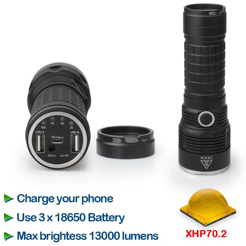 

XHP70 power bank usb charge torch most powerful military flashlight XHP70 long range flashlight 18650 waterproof lampe torche