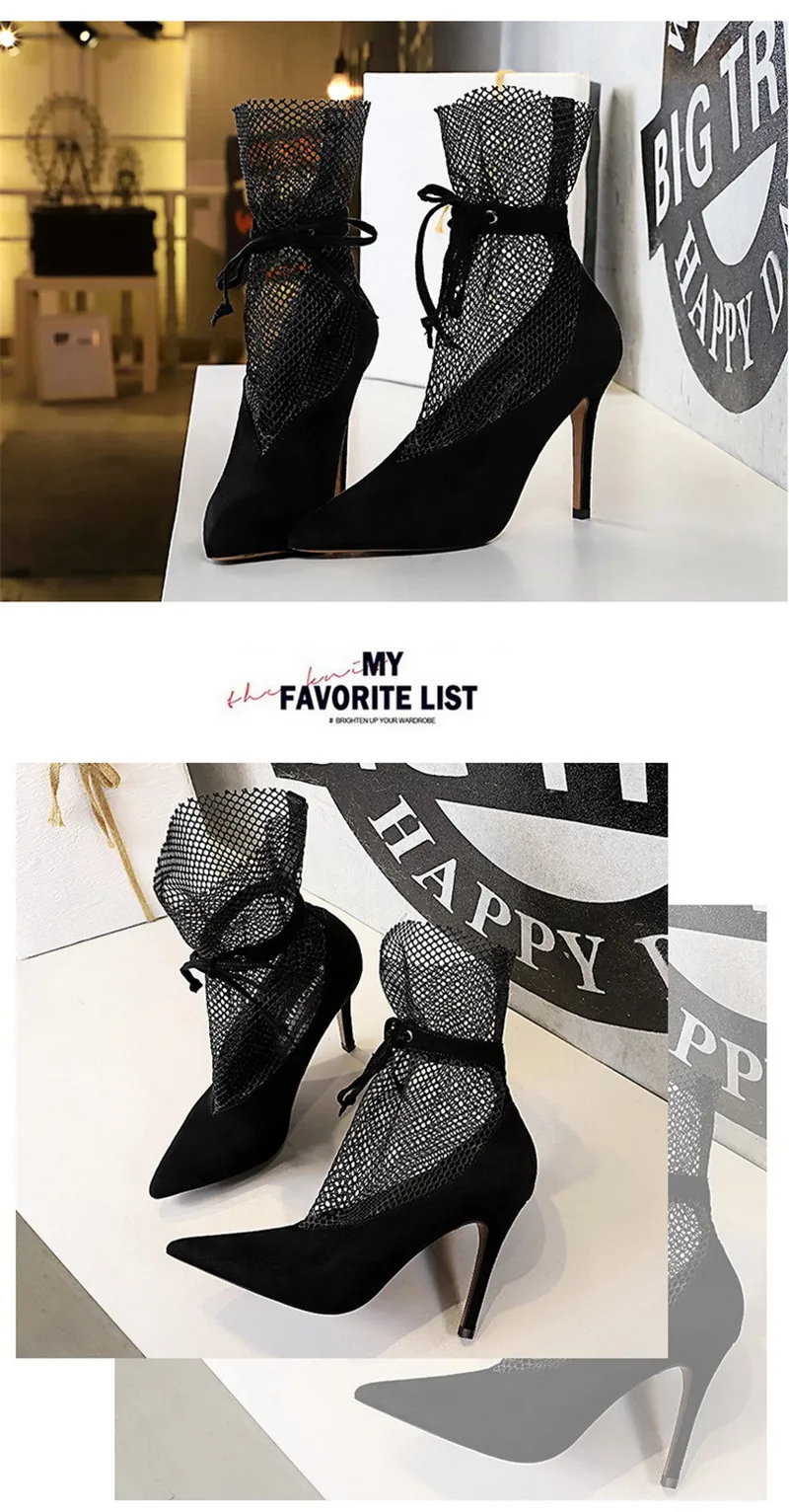 Sexy Pointed Toe V-Mouth Stilettos Mesh Hollow Skinny Lady Ankle Boot Thin High Heels Spring Summer 2020 New Pumps Shoes Woman (16)
