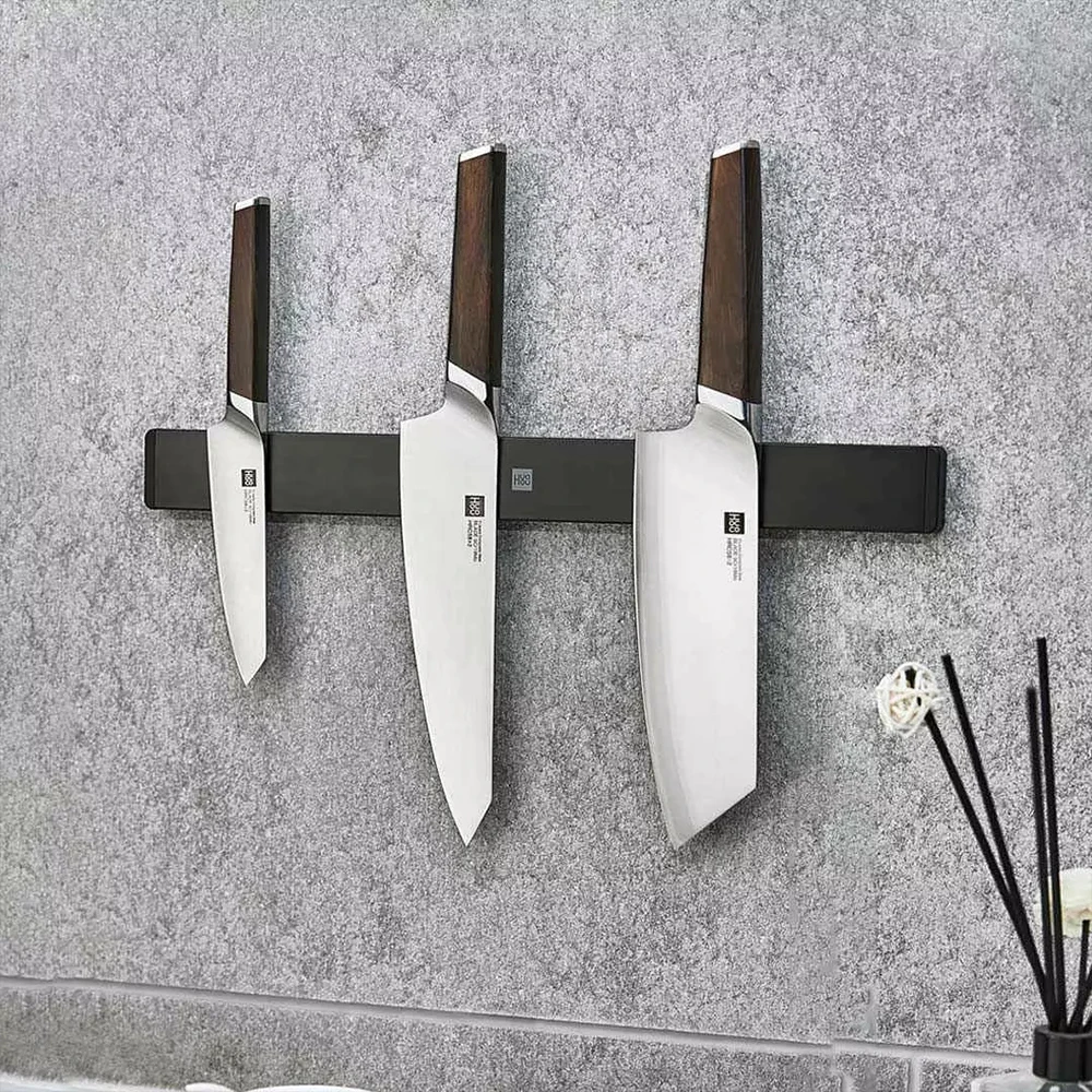 HUOHOU soporte magnético de doble fila para cuchillos, de acero inoxidable, sin perforaciones, anticorrosión, estante de almacenamiento de pared