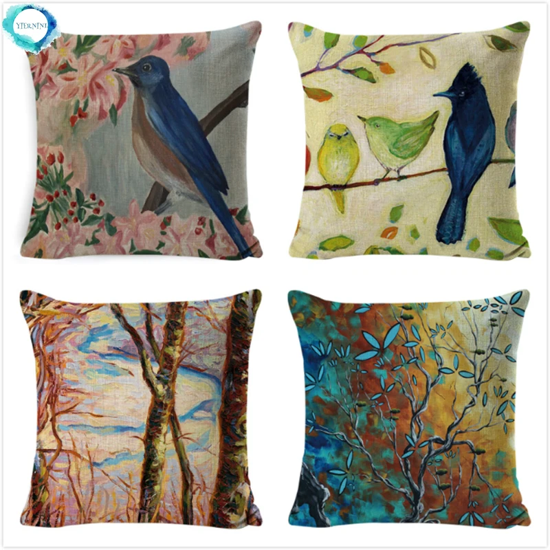 

Watercolor Floral Bird Tree Cotton Linen Cushion Cover Pillow Case Waist Throw Pillow Cover Decorative for Sofa Couch 45X45CM