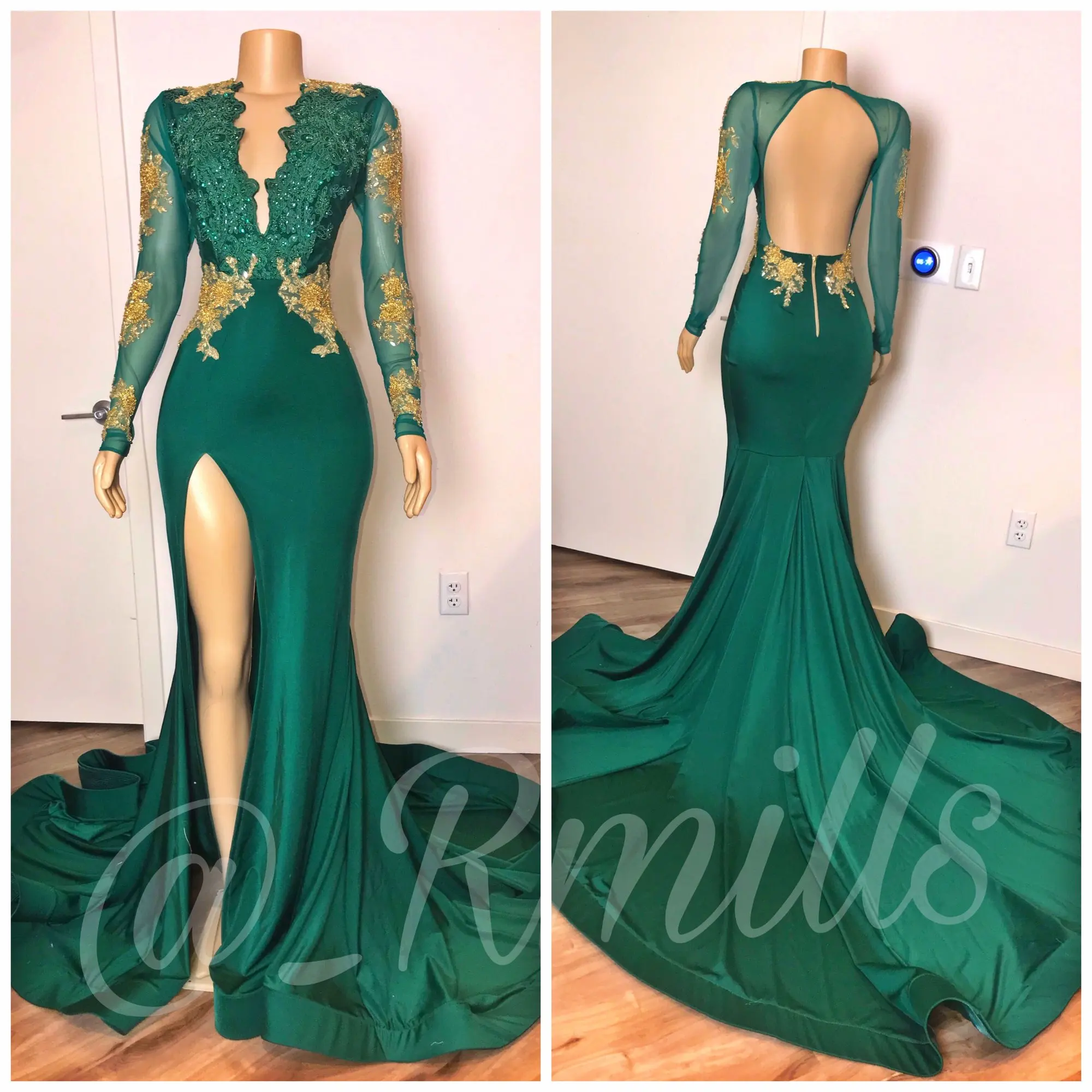 Hunter Green Long Sleeve Evening Pageant Dresses 2020 Luxury Gold Lace Beaded V-neck Backless Prom Gown abendkleider vestid | Свадьбы и