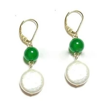 New fashion contracted New Fashion Natural White Coin Freshwater Pearl Green Jades 925 sterling silver Earrings