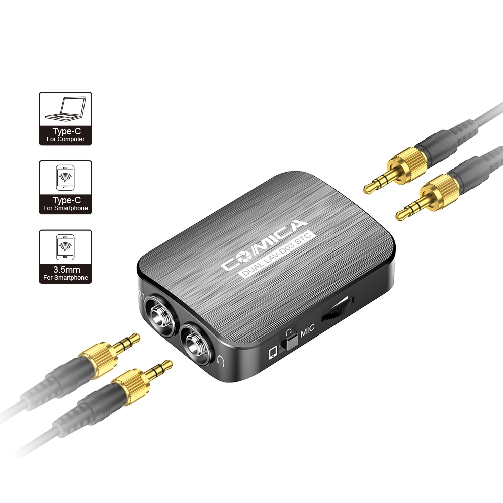 CoMica CVM-D03 STC Microphone Omni-directional Dual Head Lapel Detachable Clip-on Power Bank Chargi