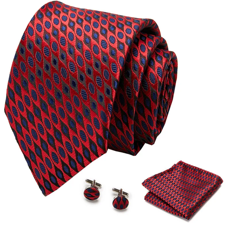 

100% Silk Solid Floral Men's Tie Set 8cm Ties Handkerchief Cufflinks Sets For Man Red Gold Brown Necktie for Men Wedding Gift