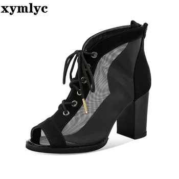 

2020 Women Mesh Pumps Zipper Open Toe Casual shoes High Thick Black Heels Ladies Shoes Party Party Dress Sandal