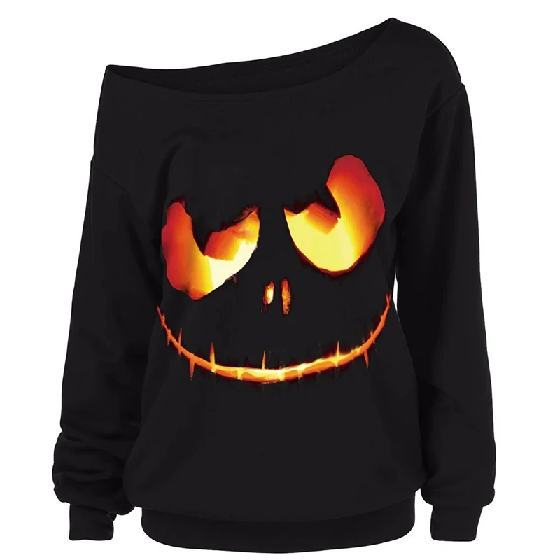 Autumn Long Sleeve Women Casual Sweatshirts Off Shoulder Halloween Print Tops Streetwear Female Loose Sweatshirt | Женская одежда