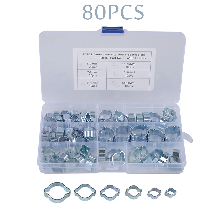 

80PCS Double Ear Hose Clips Water Fuel Air Clamps 5-18MM Zinc Plated Assortment Box