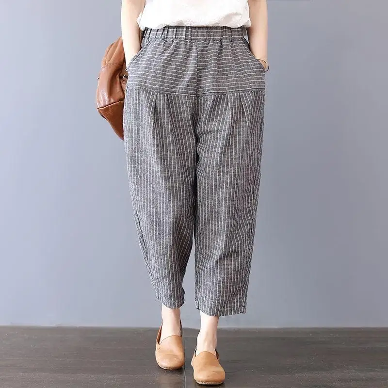 Johnature Ankle-length Pants Leisure Women Clothes New Autumn Harem Pants Loose Elastic Waist Trousers Casual Striped Pants - Color: Stripe