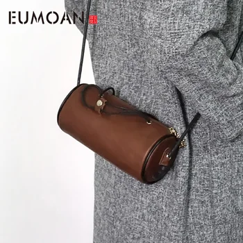 

EUMOAN Retro leather bag real leather cowhide handbag mini Messenger bag mobile phone bag cylindrical package bucket women bag