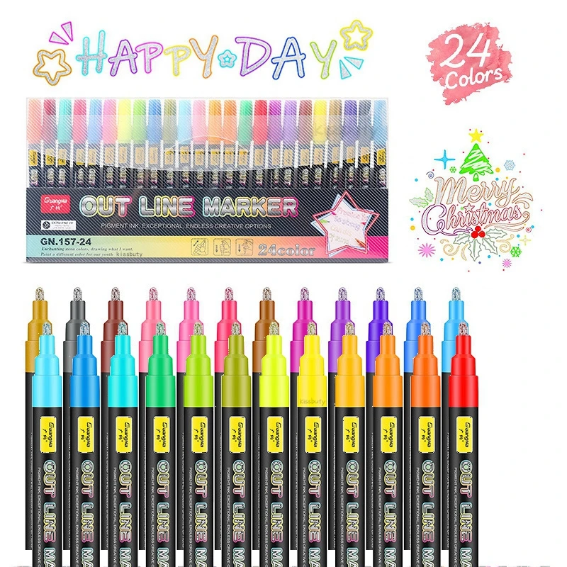 

24 Colours Paint Marker Double Line Marker Pens Outline Metallic Glitte Markers Art Drawing Pens Highlighter Christmas Crafts