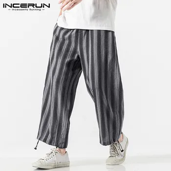 

INCERUN Striped Men Harem Pants Cotton Drawstring Joggers Hip-hop Baggy Trousers Vintage High Street Mens Casual Pants Plus Size