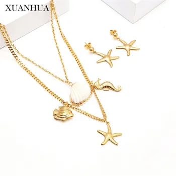 

XUANHUA Stainless Steel Jewelry Sets Starfish Shell Multi Layer Necklace Earrings Set Women Accessories Fashion Jewelry