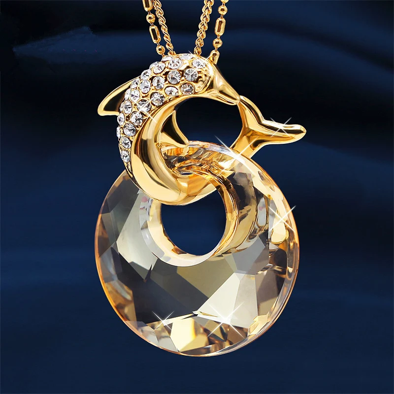 Новые женские кристаллы Swarovski длинное ожерелье в виде дельфина Золотая цепочка
