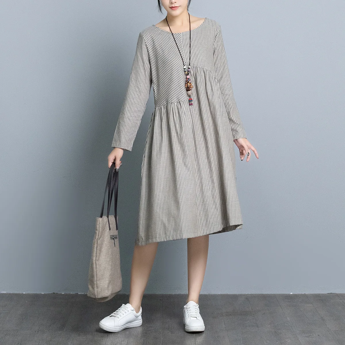 

2019 Autumn New Style Stripes Joint Mid-length Big Skirt Large Size Dress Loose-Fit Literature And Art Long Sleeve Cotton Linen