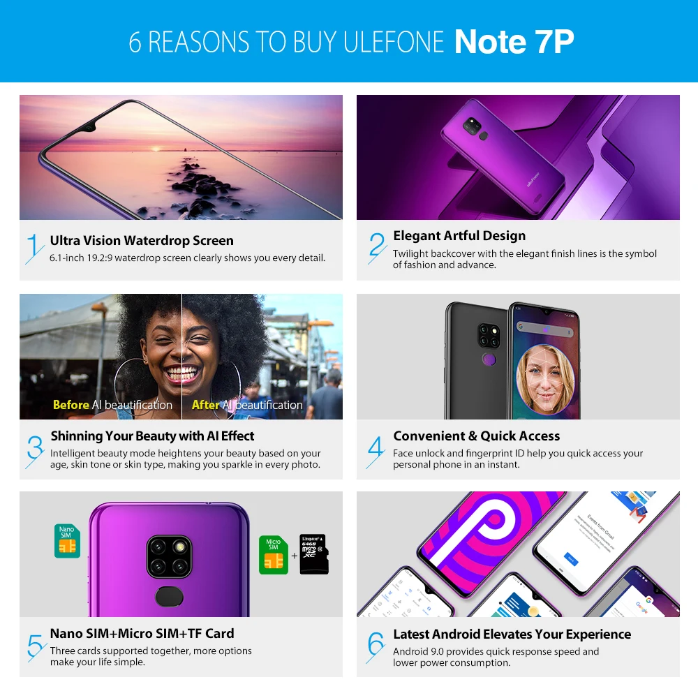  Ulefone Note 7P Android 9.0 Smartphone 3500mAh 6.1 inch Triple Camera Face ID Quad Core 3GB+32GB 4G
