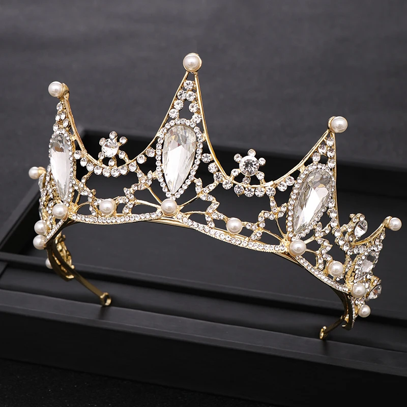 Vintage Rhinestone Baroque Crystal Gold Crown Pearl Wedding tiara Bridal Headpiece Head Jewelry Bridal Hair Accessories HG305