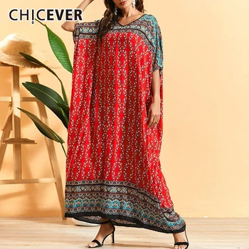 

CHICEVER Bohemian Print Dress Women V Neck Batwing Sleeve Oversize Loose Casual Maxi Dresses Female 2020 Fashion Clothes New