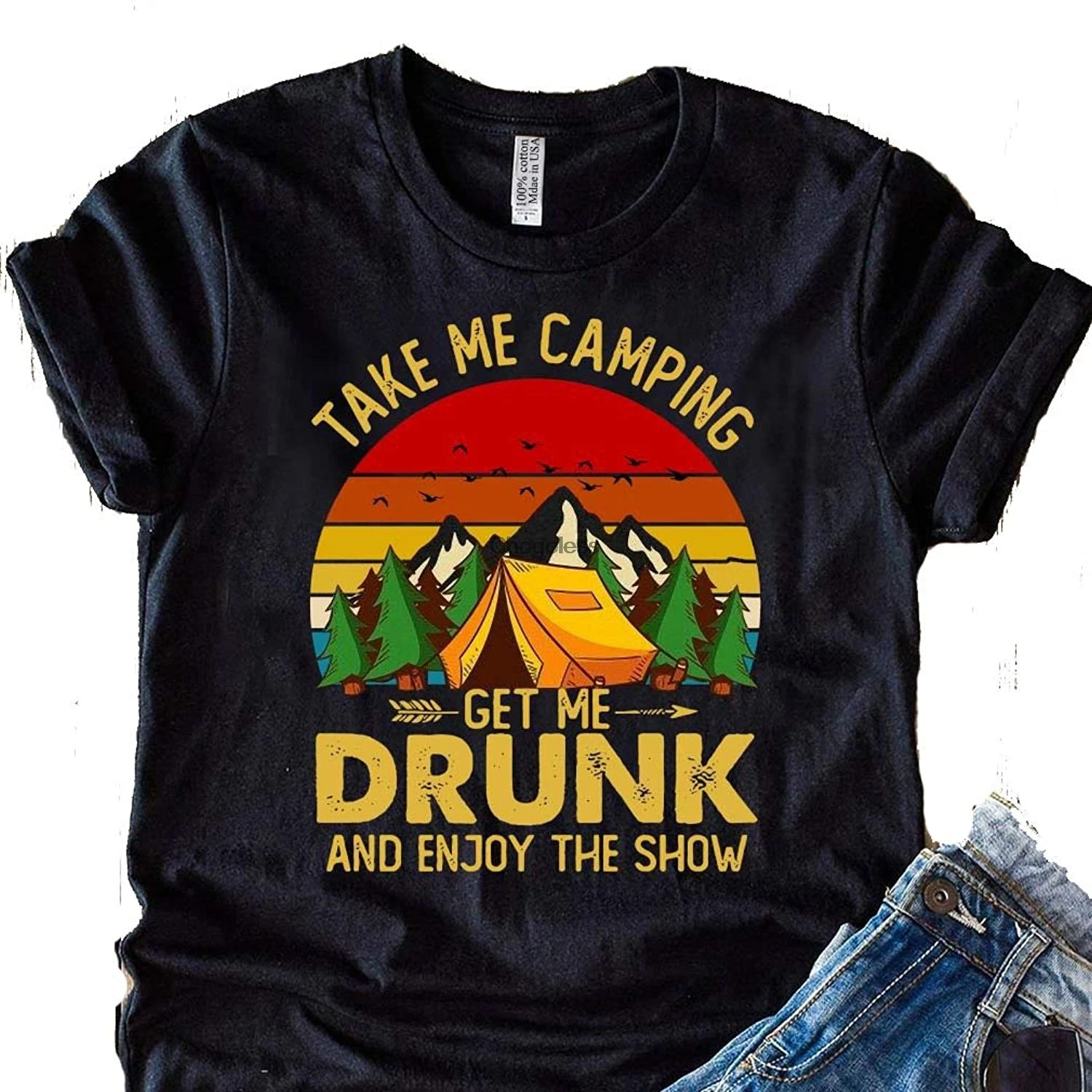 Take Me Camping Get Drunk and Enjoy The Show Sunset Shirt Short Sleeve Graphic Tee Women Men Cute Popular Woman's Heath | Мужская