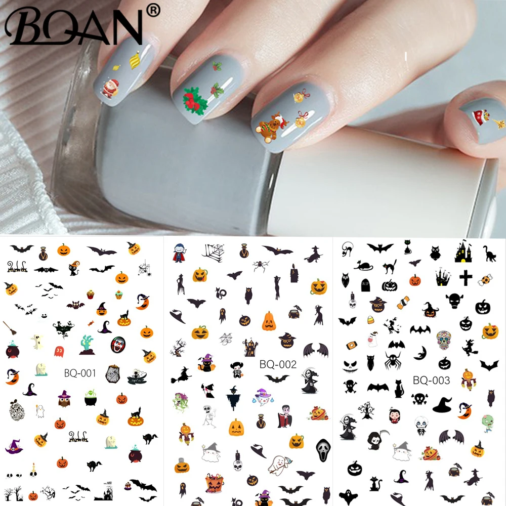 BQAN 3PCS Halloween Nail Design 2021 Sticker for Art Anime Skull Bone Snake Maple Leaf Decals Manicure Decor | Красота и здоровье
