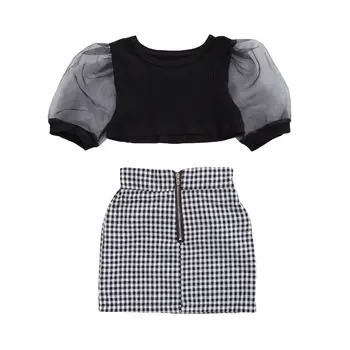 

1-6Y Lovely Kids Baby Girls Fashion Clothes Sets Summer Lace Puff Sleeve black T Shirts Tops mini Plaid Skirts 2pcs set