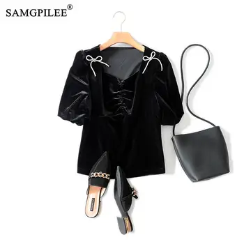 

Women Fashion T-shirts Casual Plus Size Women Oversized T Shirt Corduroy Half Sleeve Bow Solid Square Collar T-shirt For Women