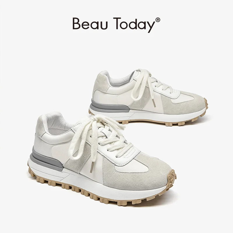 Casual Sneakers Flats Platform-Shoes Lace-Up Round-Toe Beautoday Women Suede Patchwork
