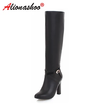 

Drop Shipping knee-high women winter Boots High Quality Handmade Fashion Round Toe Pu Leather High Heel office lady Boots 34-43