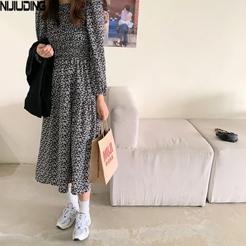 

NIJIUDING Dress for Women 2020 Autumn New Vintage Floral Print High Waist O-Neck Long Sleeve Loose Chiffon Loose Dresses Female