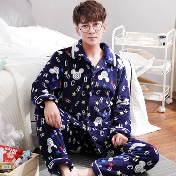 

Flannel Pajamas Two-Piece Suit Autumn And Winter Men'S Thick Long-Sleeved Luxury Coral Fleece Lounge Negligee Home Service 3XL