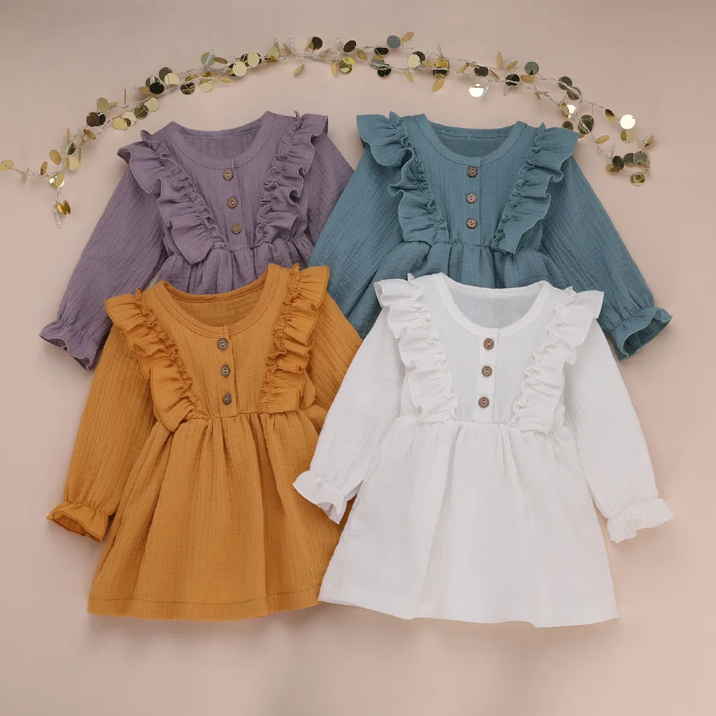 Платье для девочек; льняное платье для маленьких девочек; однотонные платья для маленьких девочек; нарядная одежда принцессы на пуговицах с оборками и рукавами-крылышками; Vestido