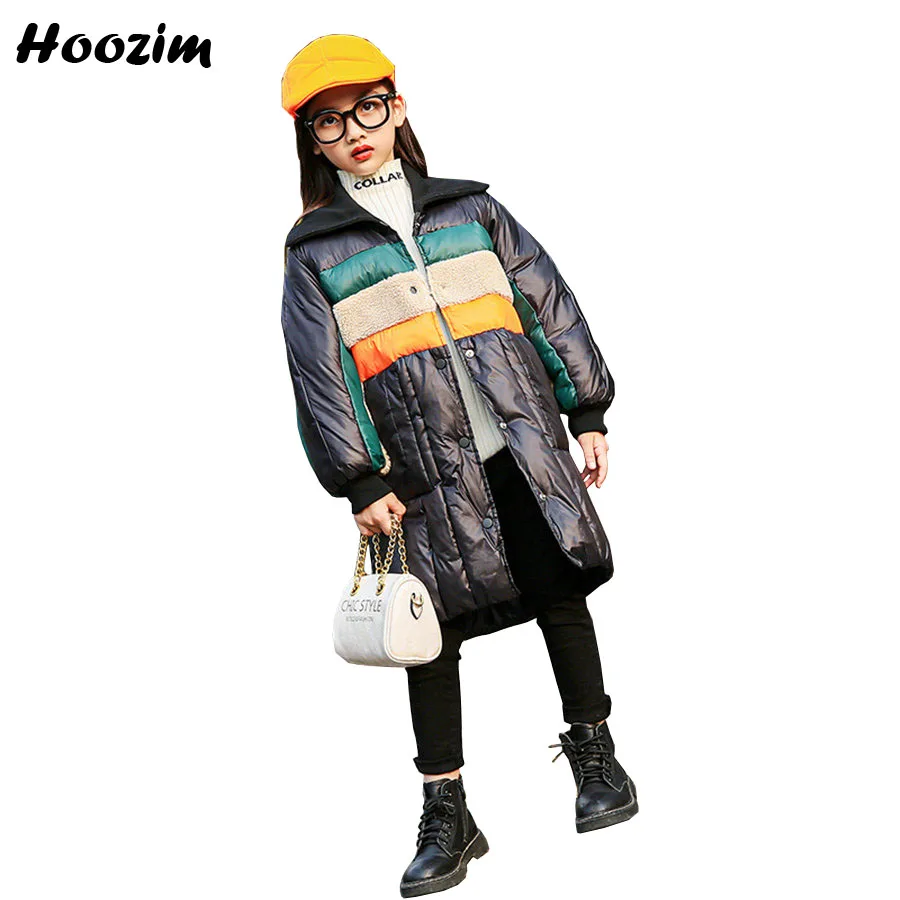 

Winter European White Duck Down Jacket Girls 4-13 Years High Street Fleece Insert Outerwear Children Colorblock Long Coat Girls
