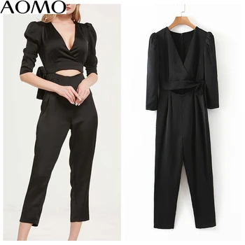 

AOMO fashion Women sexy waist hole party jumpsuit half Sleeve v neck back zipper female black Jumpsuit 3Z72A