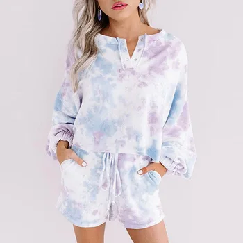

2 Piece Sets Women Tie Dye Print Homewear Casual Tshirt Shorts Suit Sports Tracksuit Sleepwear Pajamas Lounge Wear
